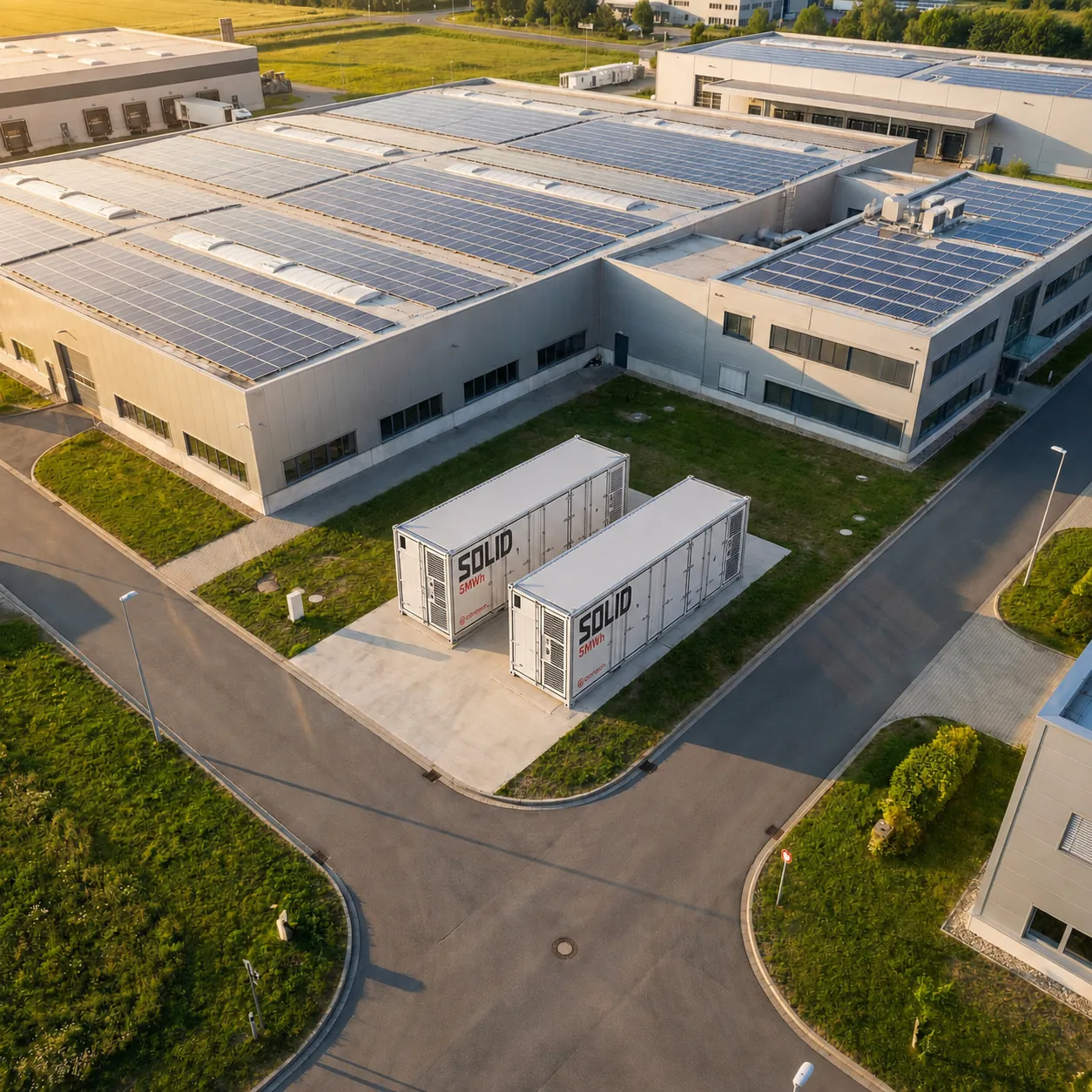 SOLID.C containers next to a factory with a modern solar plant